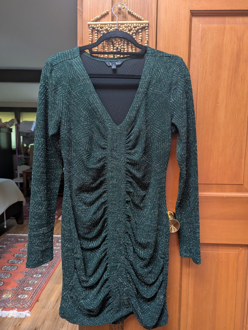 Speechless Dark Green Ruched V-Neck Long Sleeve Dress